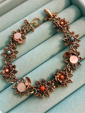 Vintage Gold Ornate Filigree Link Bracelet Mother of Pearl and Stones